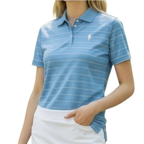 NIKE Blue and White Women's Short Sleeve Dri-Fit Striped Polo Shirt - Size Large - Picture 1 of 9